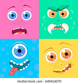 Set of cartoon monster faces with different expressions of emotions. Bright emotional avatar collection. Kid theme. Vector illustration for any design.