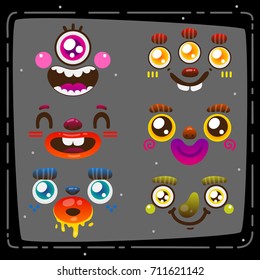 Set of cartoon monster faces, eyes, nose, lips, mouths with teeth, vector, set, collection, pack.
