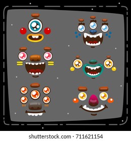 Set of cartoon monster faces, eyes, nose, lips, mouths with teeth, vector, set, collection, pack.