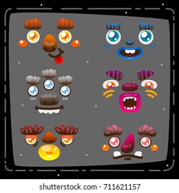 Set of cartoon monster faces, eyes, nose, lips, mouths with teeth, vector, set, collection, pack.