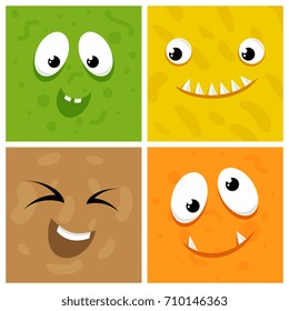 Set of cartoon monster faces. Flat face monster character, colored funny creature illustration