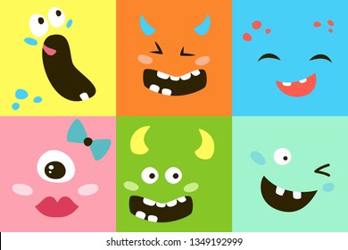 Conjunto de caras monstruosas de dibujos animados. Ilustración vectorial.