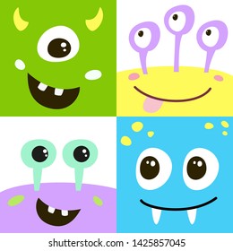 Set of cartoon monster faces. Vector illustration.