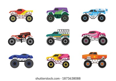 Set of cartoon monster trucks or racing cars, flat vector illustration isolated on white background. Collection of racing lorry trucks with monster mouths and faces.