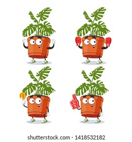 set of cartoon monstera plant in a pot character mascot on white background