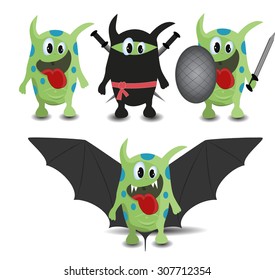 Set of cartoon monsters as bat, warrior and ninja. Fully editable vector.