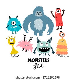 Con monstruos de dibujos animados. Ilustración vectorial plana colorida. Dibujo manual para niños. diseño de bebés para impresiones, carteles, tarjetas