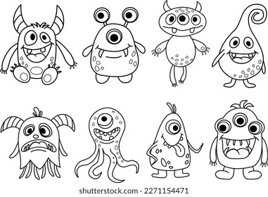 Set of Cartoon Monsters for Coloring Pages. Vector Illustration of Monsters on a White Background