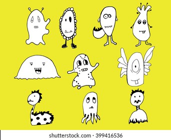 Set of cartoon monsters. Cute aliens. Children's art. Black and white drawing by hand. Line art.
