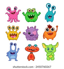 set of cartoon monsters. Cute monsters in doodle style. Kids funny character design for posters, cards, magazins. Line. Flat. Vector