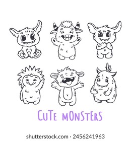 Conjunto de monstruos de dibujos animados. Lindos monstruos garabatean. Diseño de personajes divertidos para niños para carteles, tarjetas, revistas. Línea. Ilustración vectorial