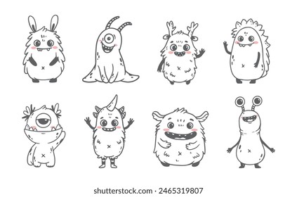 set of cartoon monsters. Cute monsters in doodle style. Kids funny character design for posters, cards, magazins. Line. Vector illustration