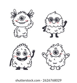 set of cartoon monsters. Cute monsters doodle. Kids funny character design for posters, cards, magazins. Line. Vector illustration
