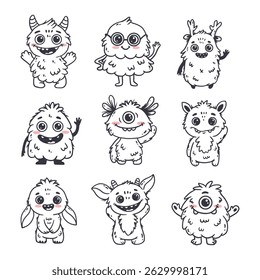 set of cartoon monsters. Cute monsters in doodle style. Kids funny character design for posters, cards, magazins. Line. Vector illustration
