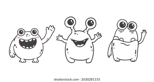 conjunto de monstros de desenhos animados. Monstros bonitos no estilo doodle. Crianças engraçado design de personagem para cartazes, cartões, revistas. Linha. Ilustração vetorial
