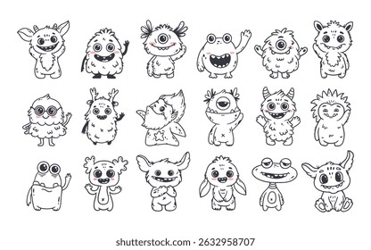 set of cartoon monsters. Cute monsters in doodle style. Kids funny character design for posters, cards, magazins. Line. Vector illustration
