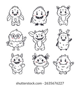 set of cartoon monsters. Cute monsters in doodle style. Kids funny character design for posters, cards, magazins. Line. Vector illustration