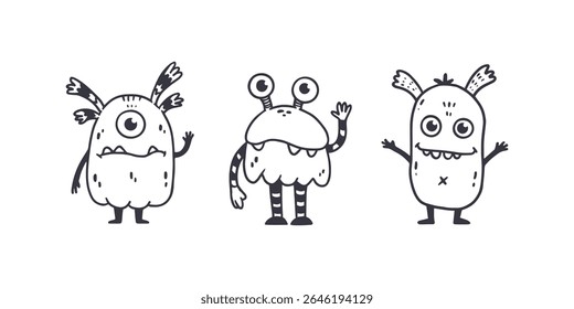 set of cartoon monsters. Cute monsters in doodle style. Kids funny character design for posters, cards, magazins. Line. Vector illustration
