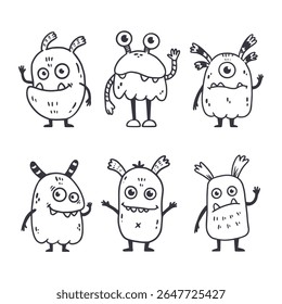 set of cartoon monsters. Cute monsters in doodle style. Kids funny character design for posters, cards, magazins. Line. Vector illustration
