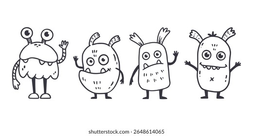 set of cartoon monsters. Cute monsters in doodle style. Kids funny character design for posters, cards, magazins. Line. Vector illustration
