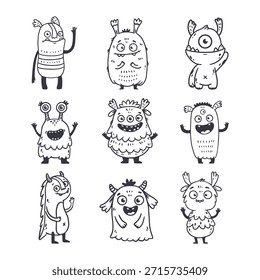 Conjunto de monstruos de dibujos animados. Monstruos lindos en estilo doodle. Diseño de personajes divertidos para niños para carteles, tarjetas, revistas. Línea. Ilustración vectorial
