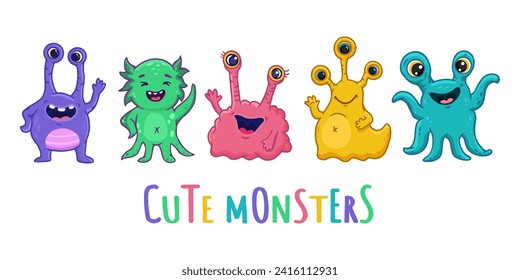 set of cartoon monsters. Cute monsters. Kids funny character design for posters, cards, magazins. Vector illustration