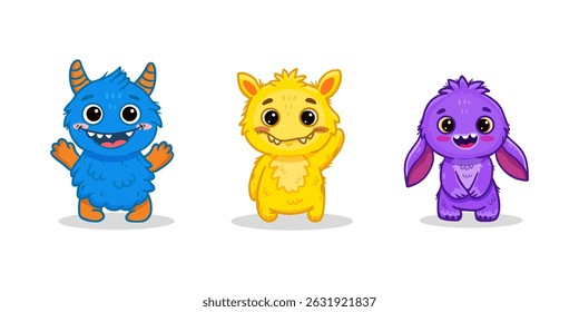 set of cartoon monsters. Cute monster. Kids funny character design for posters, cards, magazins. Vector illustration