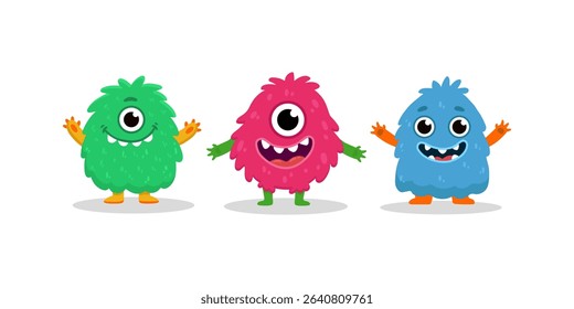 set of cartoon monsters. Cute monster in flat style. Kids funny character design for posters, cards, magazins. Vector illustration
