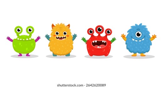 set of cartoon monsters. Cute monster in flat style. Kids funny character design for posters, cards, magazins. Vector illustration
