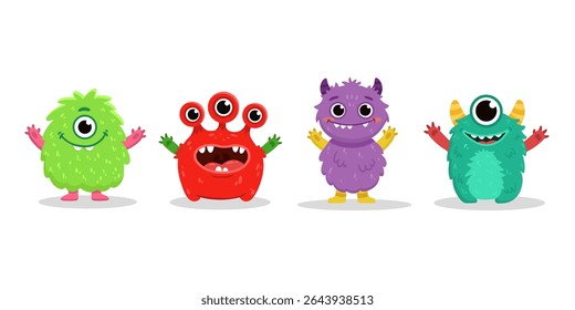 set of cartoon monsters. Cute monster in flat style. Kids funny character design for posters, cards, magazins. Vector illustration
