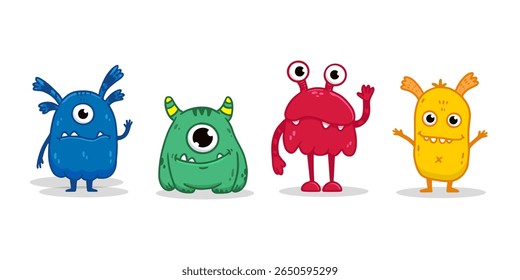 set of cartoon monsters. Cute monster in flat style. Kids funny character design for posters, cards, magazins. Vector illustration
