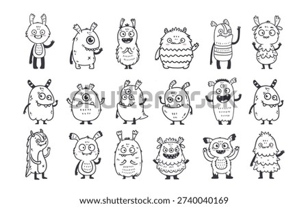 set of cartoon monsters. Cute monster in doodle style. Kids funny character design for posters, cards, magazins. Line. Vector illustration
