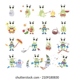 Set of cartoon monsters in different seasons