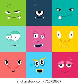 Set of cartoon monsters faces with different emotions. Colored flat monster face characters, vector illustration