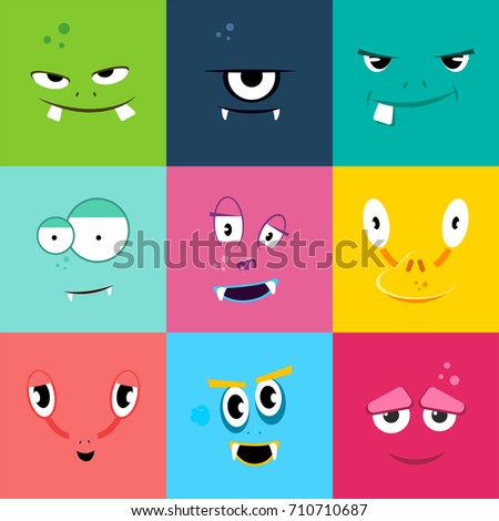 Set of cartoon monsters faces with different emotions. Colored flat monster face characters, vector illustration