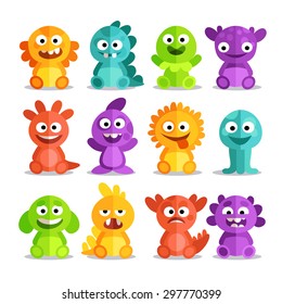 Set of cartoon monsters in a flat style. Colorful monsters with different emotions - happy, anxious, angry, surprised, foolish.