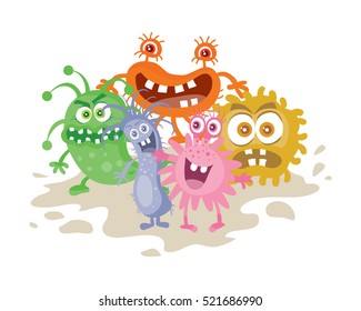 Set of cartoon monsters. Funny smiling germs. Character with big eyes. Microorganism bacterias with tooth, hands, open mouth. Vector funny illustration in flat design. Friendly viruses. Microbe faces