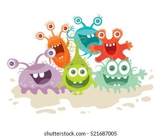 Conjunto de monstruos de dibujos animados. Gérmenes graciosos sonriendo. Carácter con ojos grandes. Microorganismos bacterias con dientes, manos, boca abierta. Dibujo vectorial divertido en diseño plano. Virus amigables. Caras de microbio