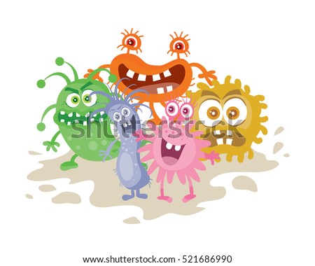 Set of cartoon monsters. Funny smiling germs. Character with big eyes. Microorganism bacterias with tooth, hands, open mouth. Vector funny illustration in flat design. Friendly viruses. Microbe faces