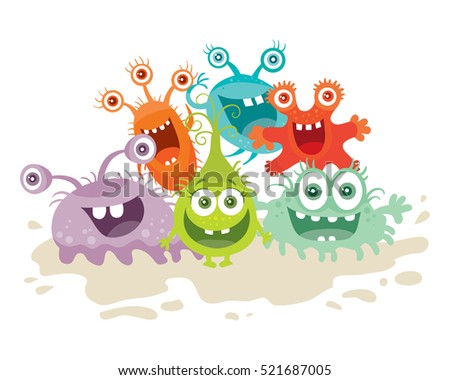 Set of cartoon monsters. Funny smiling germs. Character with big eyes. Microorganism bacterias with tooth, hands, open mouth. Vector coronavirus in flat design. Friendly viruses. Microbe faces