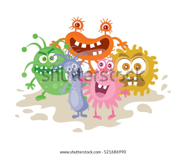 カートーンモンスターのセット 変な笑顔の細菌 目の大きい人 歯 手 口を開いた状態の微生物 フラットデザインのベクター画像のおかしなイラスト 友好的なウイルス 微生物の顔 のベクター画像素材 ロイヤリティフリー