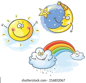 Set Of Cartoon Moon, Cloud And Sun