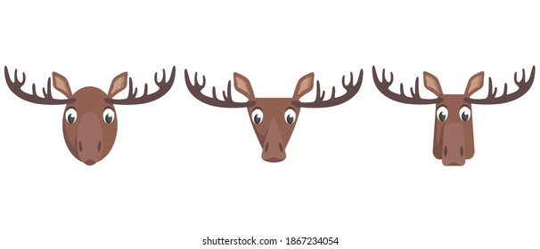 Set of cartoon moose. Different shapes of animal faces.