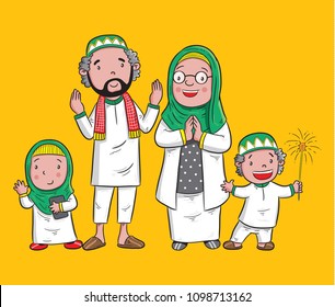 set cartoon moslem family, vector illustration
