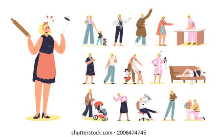 Set of cartoon mother housewife cleaning house and parenting kids. Busy female character mom housekeeping at home with children. Motherhood concept. Flat vector illustration