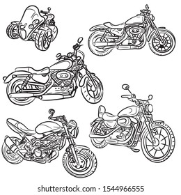 Set of the cartoon motorcycles.Brushes meshes outlines