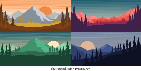 Set of cartoon mountain landscape in flat style. Mountain landscape with fir trees. Design element for poster, card, banner, flyer. Vector illustration