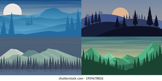 Set of cartoon mountain landscape in flat style. Mountain landscape with fir trees. Design element for poster, card, banner, flyer. Vector illustration