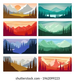 Set of cartoon mountain landscape in flat style. Mountain landscape with fir trees. Design element for poster, card, banner, flyer. Vector illustration