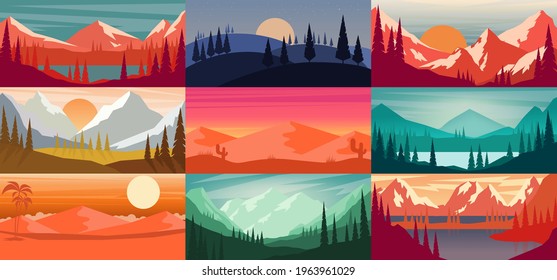 Conjunto de caricaturas de montaña en estilo plano. Paisaje montañoso con abetos. Elemento de diseño para afiche, tarjeta, pancarta, volante. Ilustración del vector